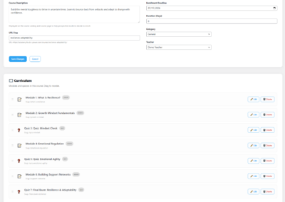 Academy Lite - Admin dashboard - Edit existing course screen